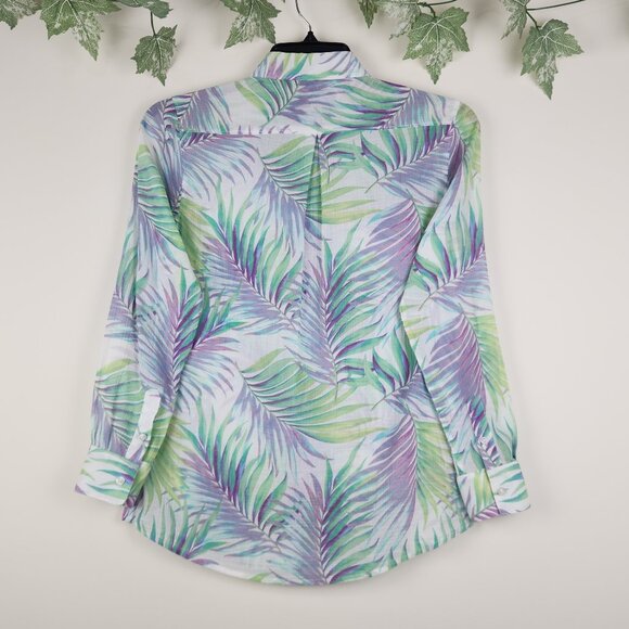 Tommy Bahama Size XS Tropical Leaf Print Green Violet White Cotton Top Blouse - Picture 2 of 5